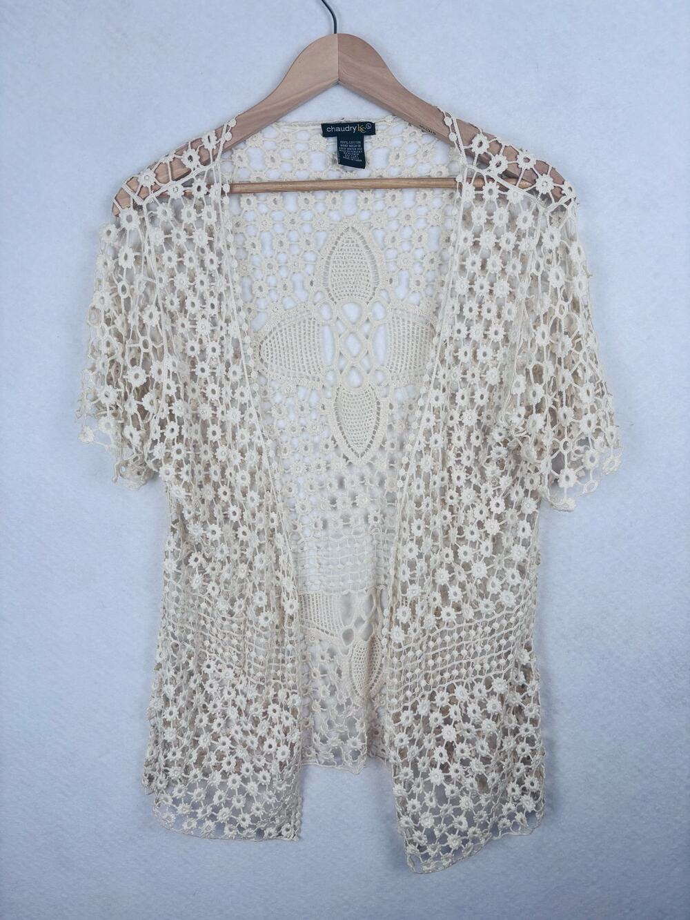 Chaudry KC Cream Crochet Lace Open Front Kimono Cardigan Boho Size Large Cottage